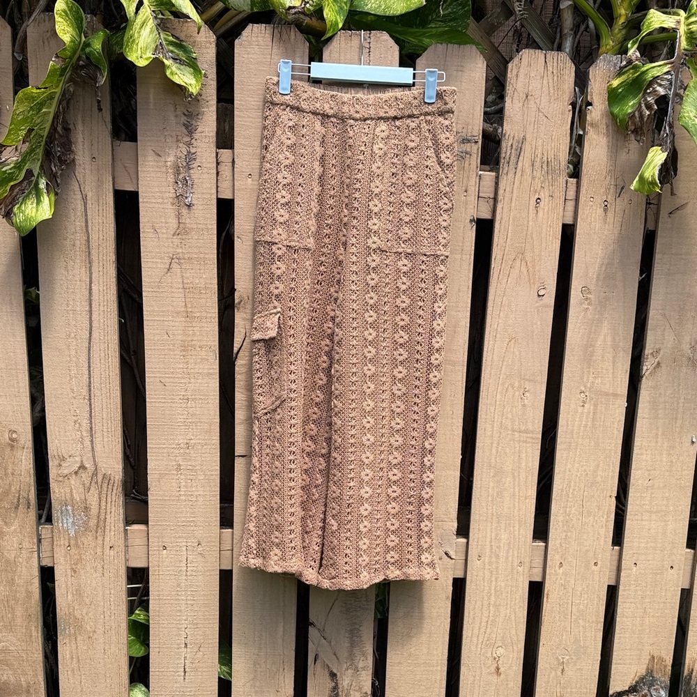 Anthropologie Tan Crochet Knit Wide-Leg Pants with Side Pocket